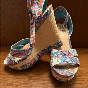 Vibrant Multi-Colored Wedge Sandals with Slingback Strap and Floral Print